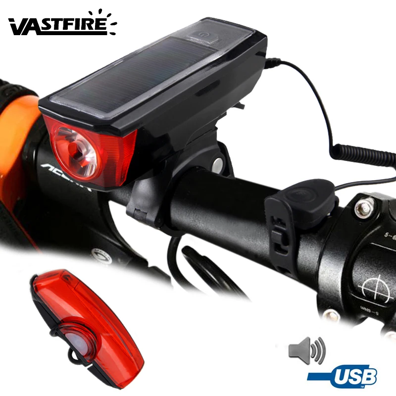 

Waterproof Front Bike Headlight Solar Power Bicycle Light with Bell 5 Modes USB Rechargeable Built-in Battery Cycling Lamp
