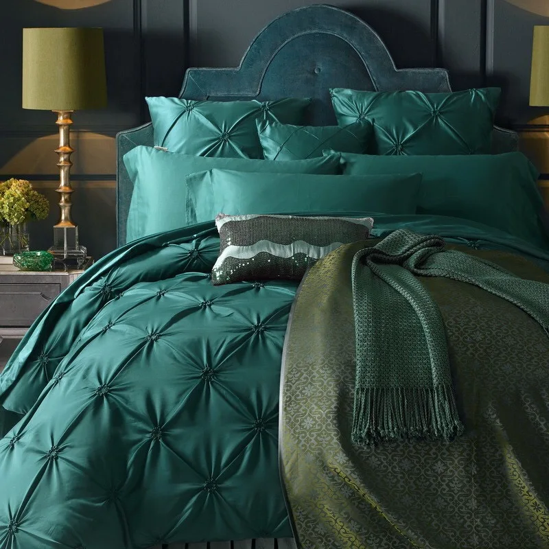 Green Luxury Bedding Elegant Silk Jacquard Comforters Duvet Cover Sets