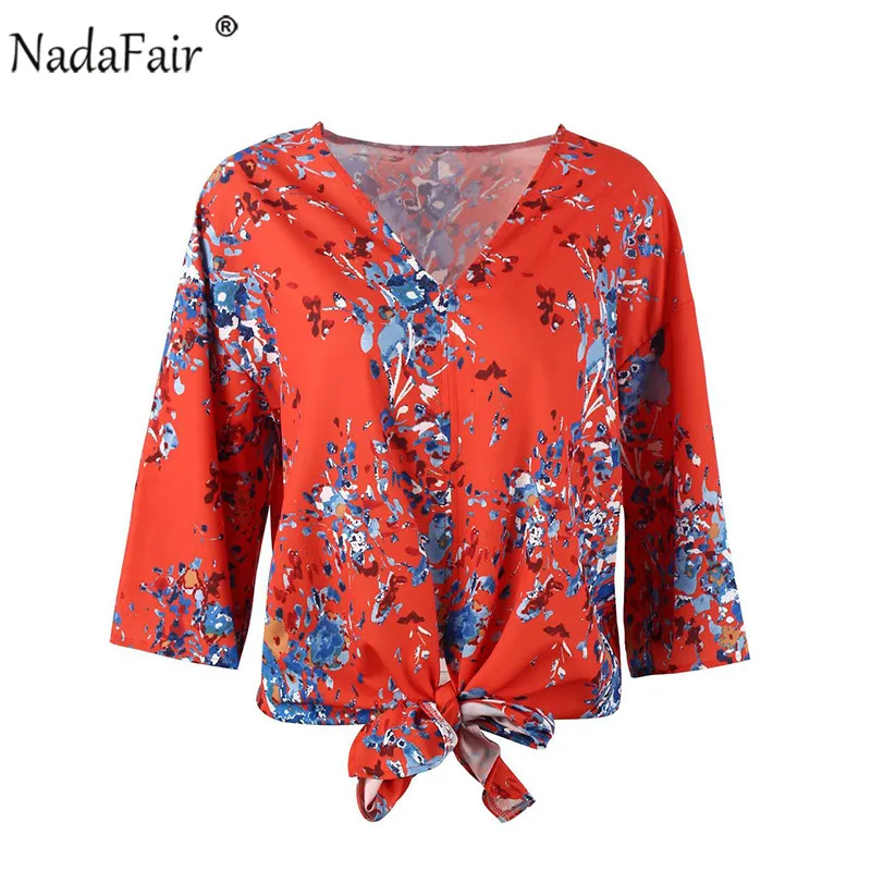 Skup Nadafair 2018 jesień new arrival v neck z długim rękawem floral print bluzka kobiety boho loose casual szyfonowe koszule damskie bluzki