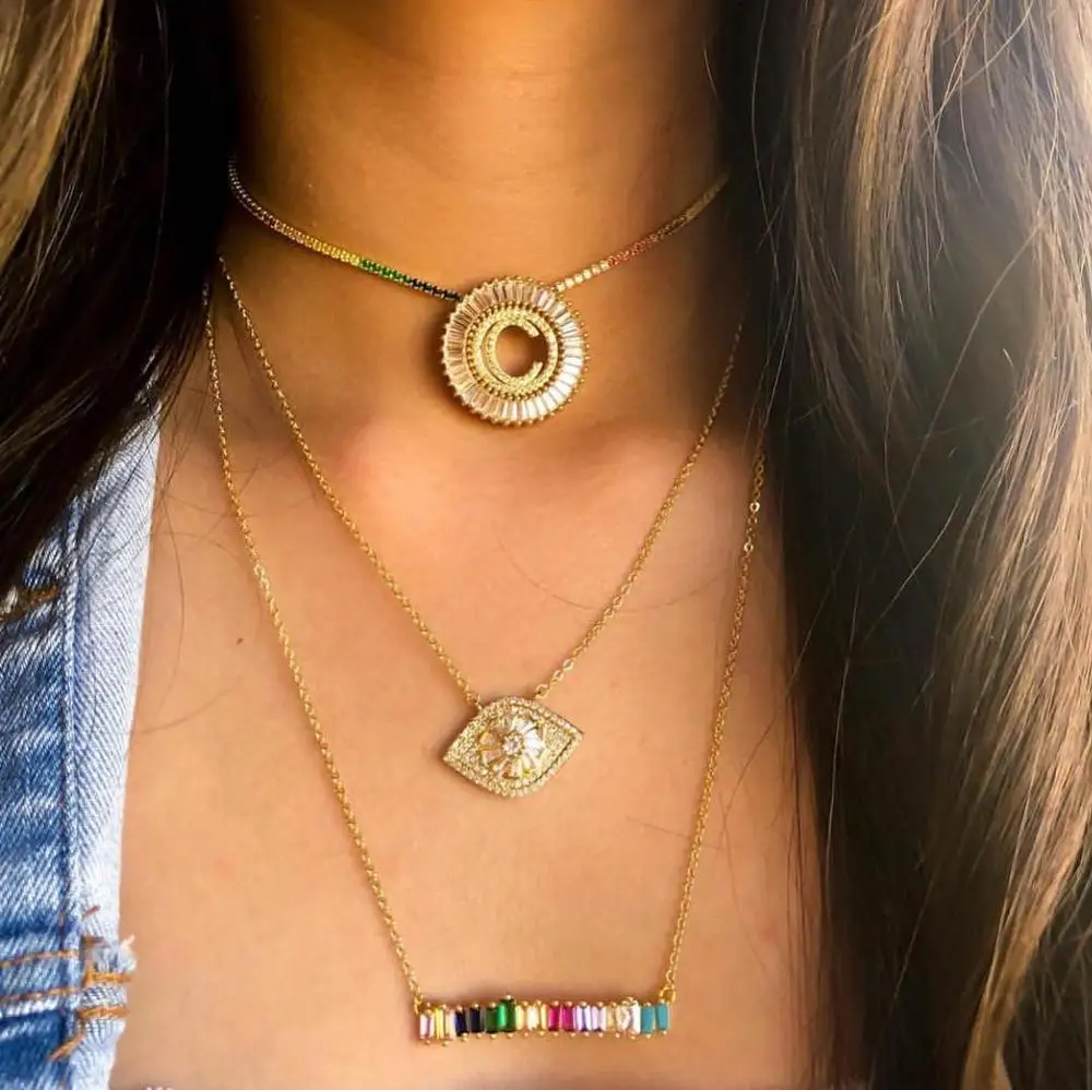 

2019 Evil Eye Necklace Gold Cubic Zirconia Rainbow Long Chain Bar Pendant Necklace Fashion Jewelry Womens Accessories nke-p31