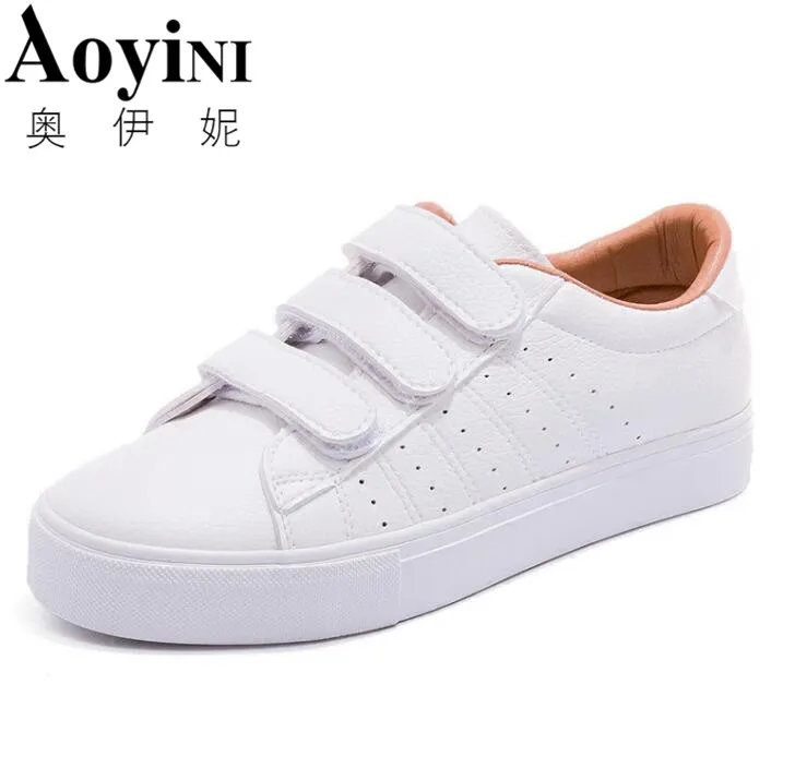 

2018 New Fashion Women Shoes Casual High Platform Hole PU Leather Striped Simple Women Casual White Shoes Sneakers