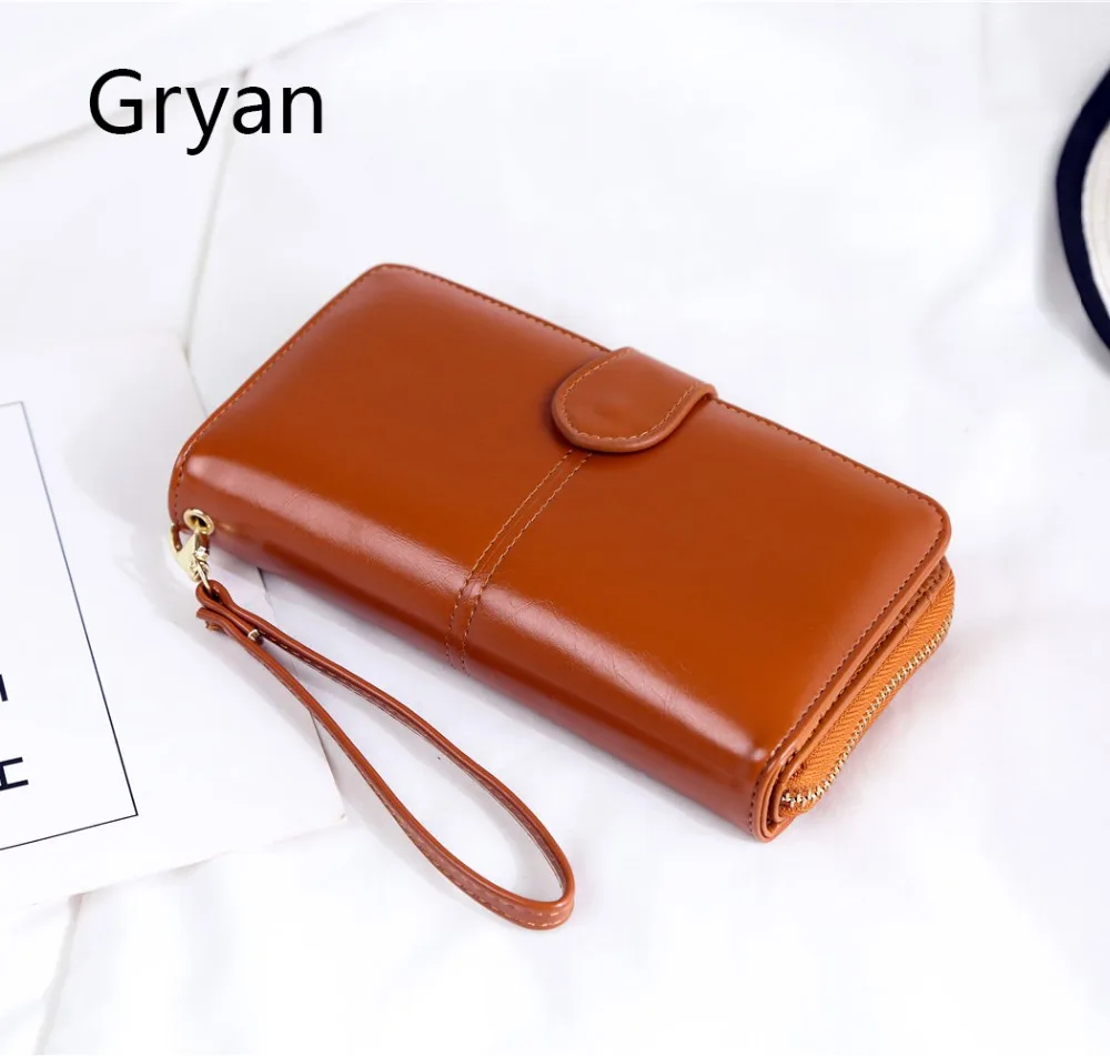 

New lady purse oil wax leather retro long solid purse large capacity handbag multi-functional mobile phone bag 205