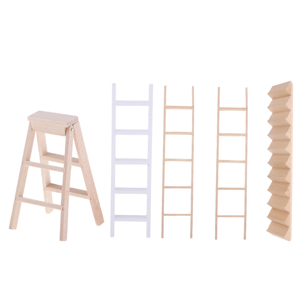 Miniature Straight Wooden Ladder Folding Ladder Staircase For Dollhouse Outdoor Accessories 5 Pieces