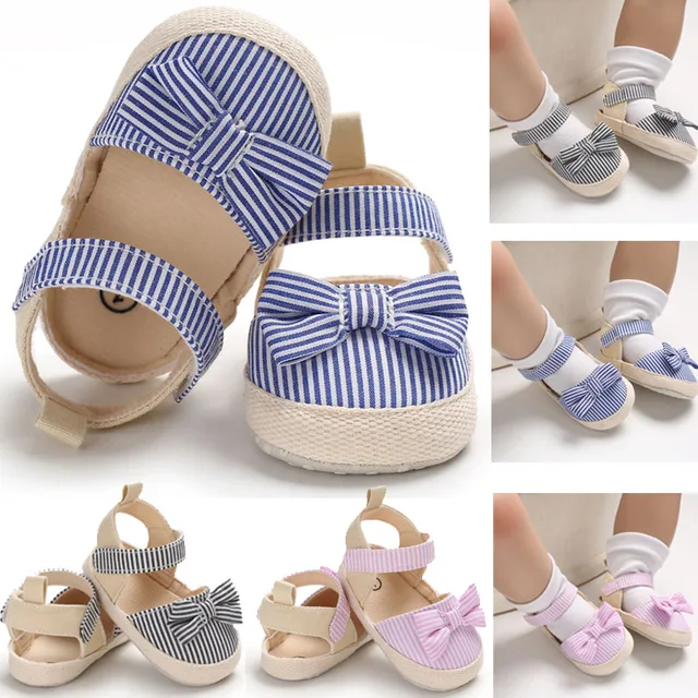 2022 Children Summer Shoes Newborn Infant Baby Girl Boy Soft Crib Shoes Infants Anti-slip Sneaker Striped Bow Prewalker 0-18M 1