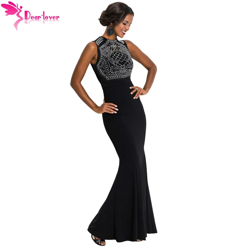 

Dear Lover Long Dress Sexy Rhinestone Embellished Bodice Black Sleeveless Party Gown Vestido de Festa Robe Longue Femme LC610396