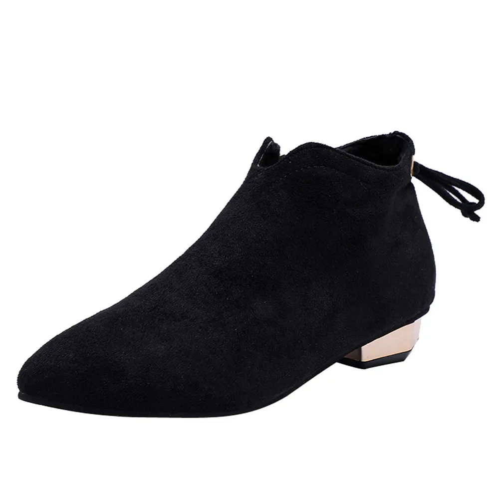 Женские низкие ботинки из флока; коллекция года; модная женская обувь с острым носком на низком каблуке; замшевые ботинки на молнии с бантом; тонкие туфли; botas feminina - Цвет: Черный