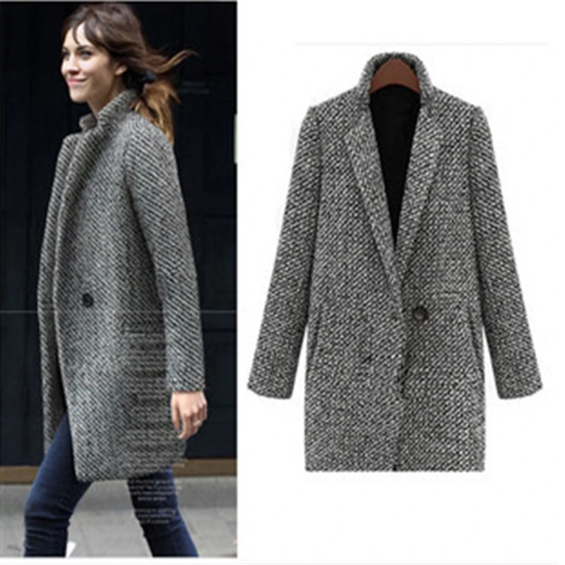 Винтажное осенне-зимнее шерстяное пальто с карманами на одной пуговице, большой размер, длинное пальто, верхняя одежда, Женское пальто из смешанной хлопковой ткани с рисунком «гусиная лапка»