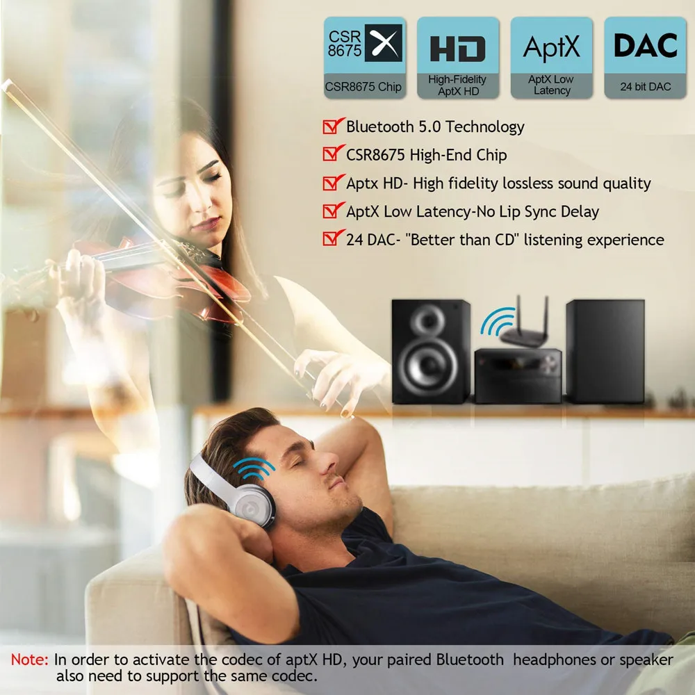 NFC y 262ft/80 m de largo alcance Bluetooth 5,0 transmisor receptor 3in1 de adaptador de Audio de baja latencia tecnología aptX HD óptico RCA AUX 3,5mm TV - 2