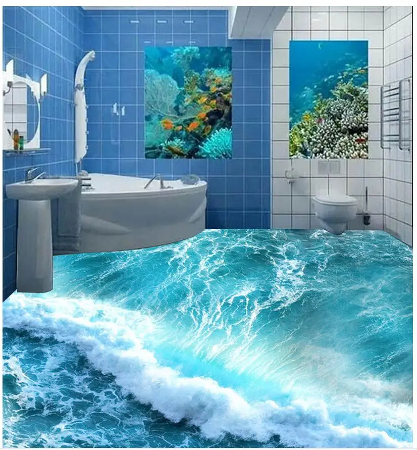 3D floor ocean waves PVC waterproof floor Custom Photo self adhesive 3D