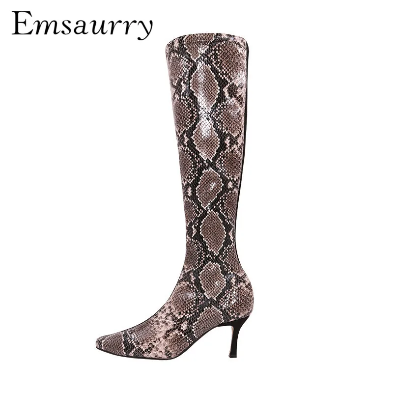 

Genuine Leather Suede Patchwork Knee High Boots Thin Heel Square Toe Serpentine 2019 Autumn Winter Long Booties