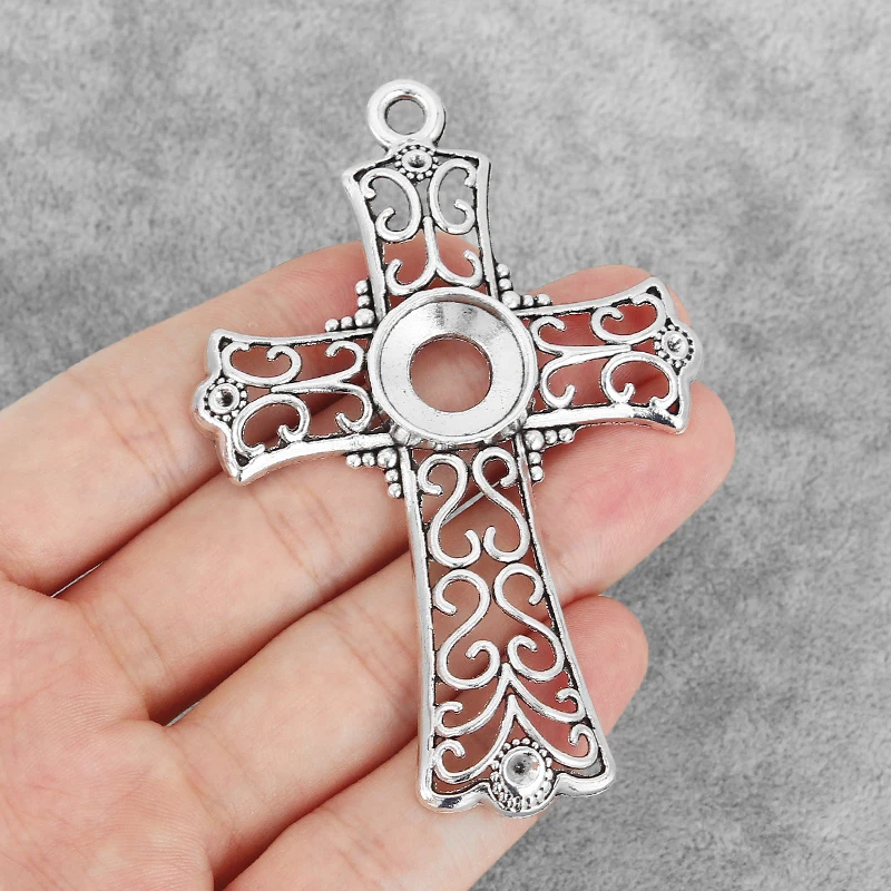 

4PCS Antique Silver Tone Hollow Open Filigree Cross Charms Pendants Blank 1.5mm/3mm/16mm Round Cameo Cabochon Settings