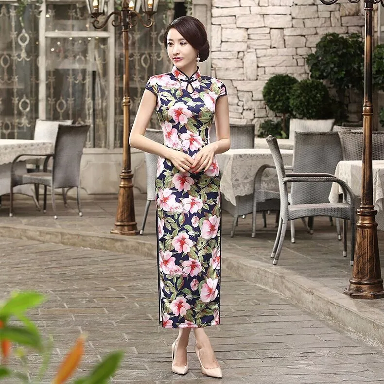 Новое зеленое женское длинное атласное традиционное платье Ципао в китайском стиле с цветочным принтом Размеры S M L XL XXL 020804