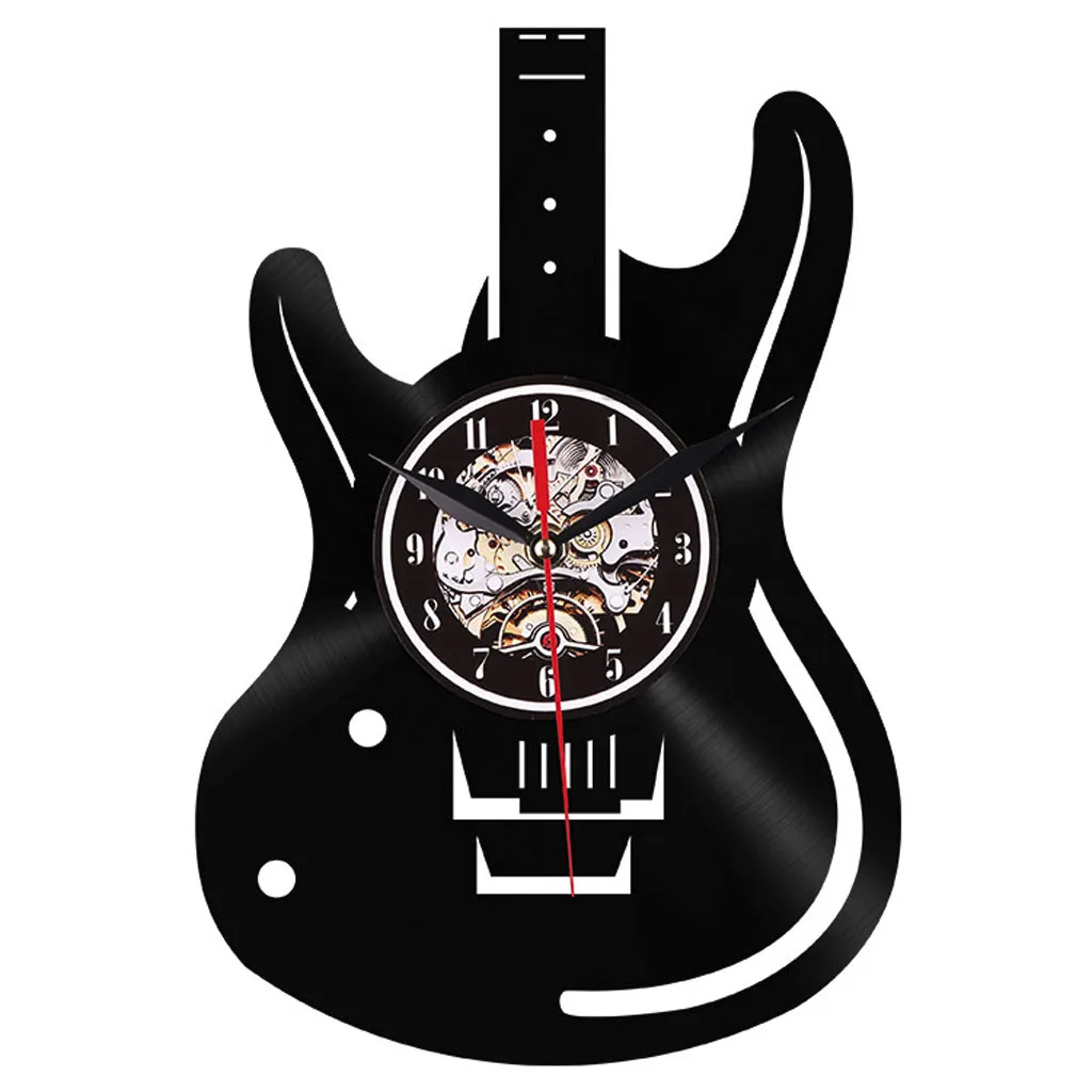 Домашний черный виниловый модный стиль гитара без тиканья тихие античные резиновые настенные часы для дома кухни офиса FS12 - Цвет: A