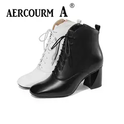 Aercourm A/новые женские ботильоны, зимние женские ботинки из натуральной кожи на высоком каблуке, короткая плюшевая обувь, однотонные ботинки