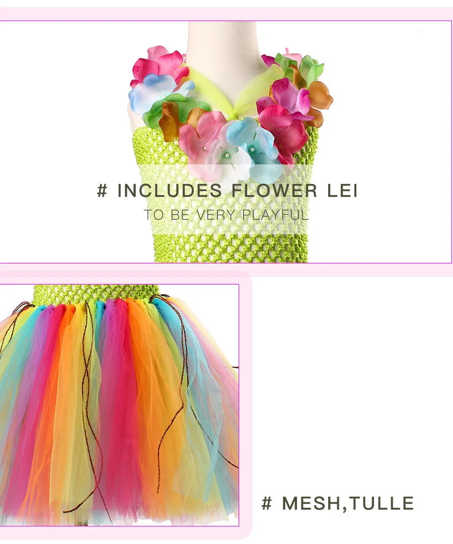 Hula Syle Girls Rainbow Colored Tutu Dress with Flower Necklace Kids Birthday Party Pageant Costume Handmade Sweet Tulle Dress (3)