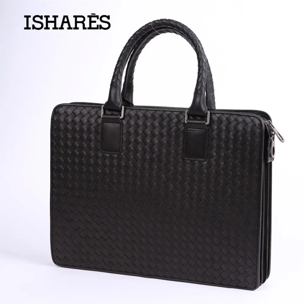 

ISHARES Fashion superior cowhide leather accordion style men handbag genuine leather male casual leather weave briefcase 3259-1
