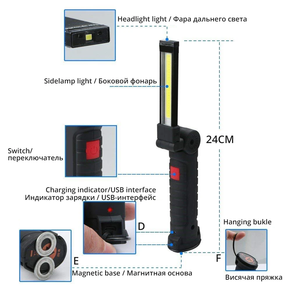 USB Перезаряжаемый COB светодиодный светильник-вспышка рабочий светильник инспекционный светильник 5 режимов задний магнит дизайн подвесной фонарь 2 размера водонепроницаемый