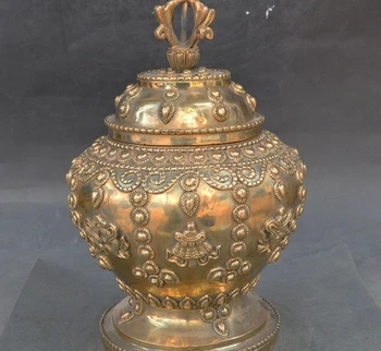 

12" Auspicious Tibet Buddhism Pure Brass 8 treasures Phurpa Tanks Crock Pot Jar