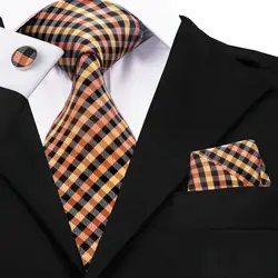 Модные шелк жаккард галстук черный и оранжевый и желтый в клетку Галстук Ханки Запонки Комплект Бизнес Свадебные Галстуки для Для мужчин