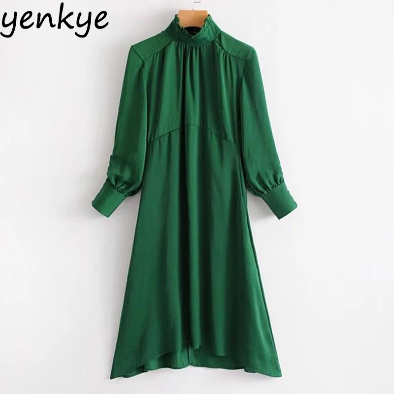 European Style Women Flowing Green Midi Dress Casual Long Sleeve