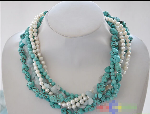 

Wholesale FREE SHIPPING >>> 6row 20" white round pearl turquoise Aquamarine necklace