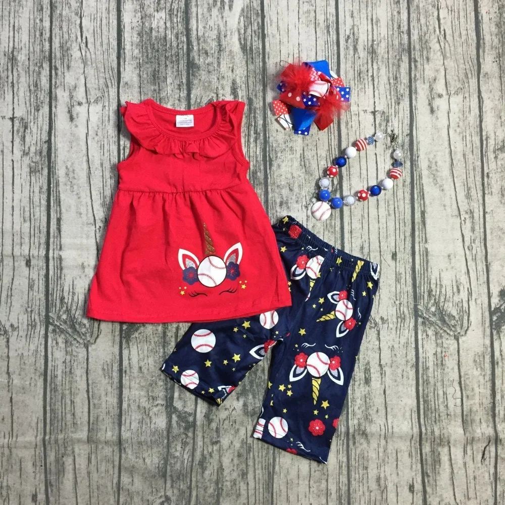 

Baseball season red cotton unicorn sleeveless shirt navy ruffle Capris baby girls boutique children clothing match accessories