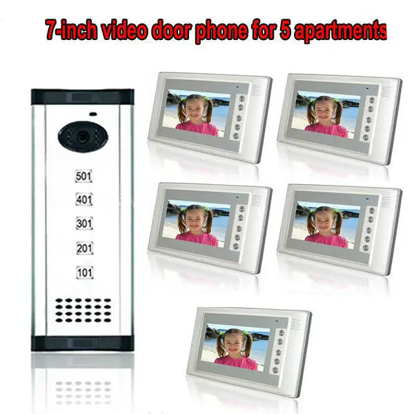 

Free shipping 7 inch TFT Display wired video door phone 5 apartments intercom system for villa high definition camera monitor