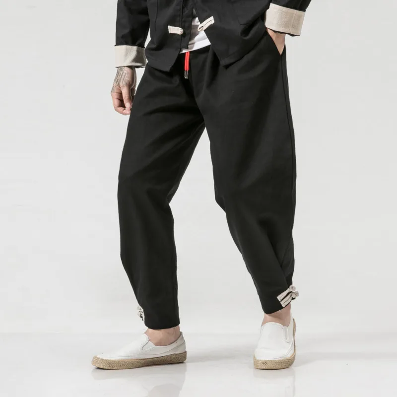 4575 весенние штаны-шаровары в китайском стиле мужские уличные спортивные штаны с эластичной резинкой на талии свободные хлопковые льняные брюки в стиле хип-хоп мужские s 5XL - Цвет: Черный