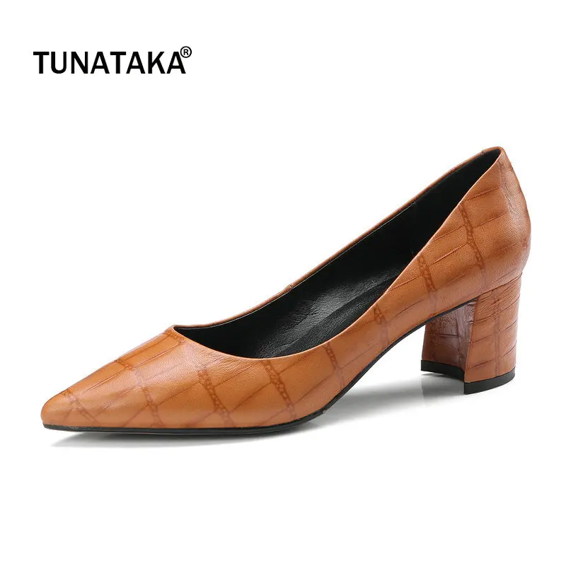 

Genuine Leather Comfort Square High Heel Woman Lazy Pumps Fashion Pointed Toe Dress High Heel Shoes Woman Black Brown