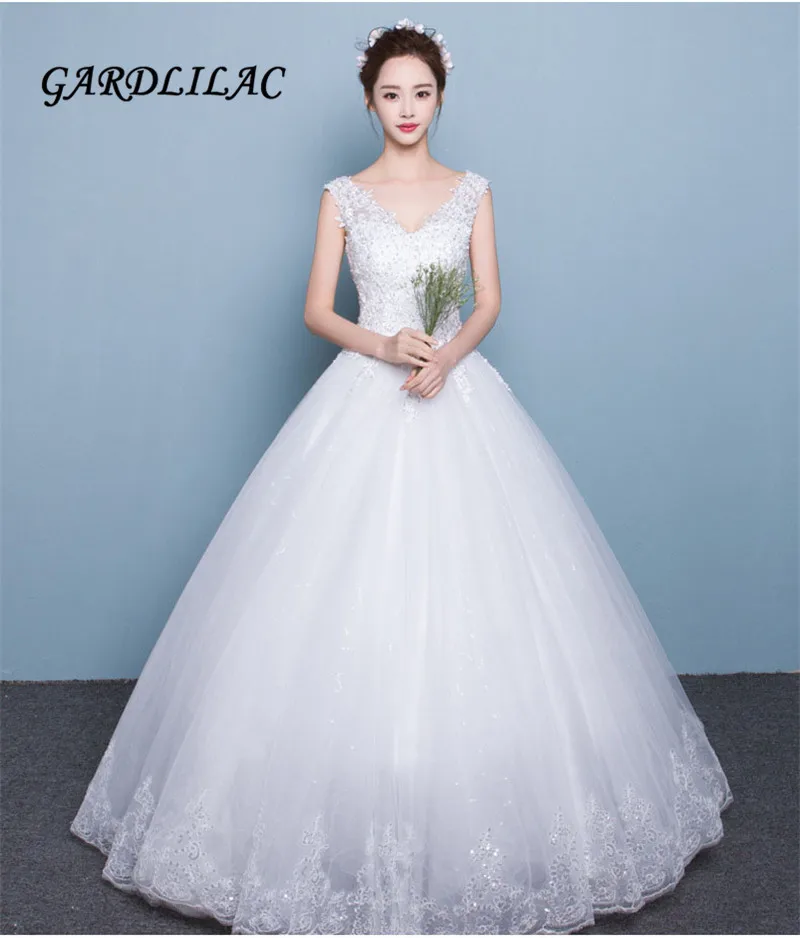 

2019 V-Neck White Wedding dress Ball Gown Wedding Lace Appliques Robe de marie Vestidos de Noiva