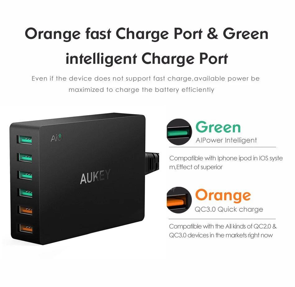 

AUKEY Quick Charge 3.0 6-Port USB Travel Quick Charger Universal Charger for Samsung Galaxy S8/S7/S6/Edge LG Xiaomi iPhone