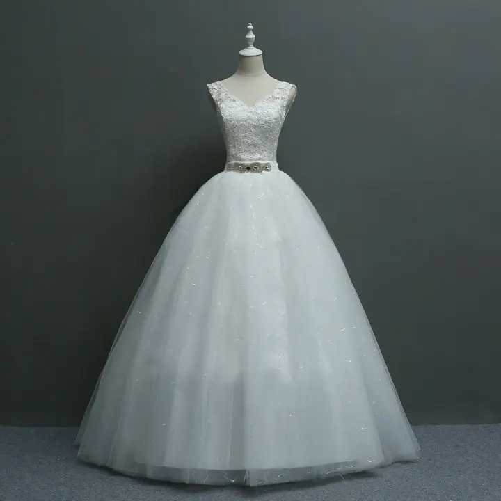 

2019 New Arrival Classic Style Sexy V-neck Beading Belt Decorated Ball Gown Princess Wedding Dress+free petticoat 199