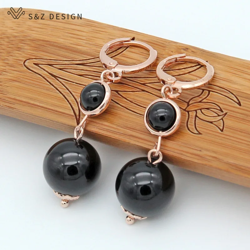 S&Z DESIGN New Long Round Black Agates Turquoises Dangle Earrings 585 Rose Gold Color Eardrop For Women Party Jewelry Gift