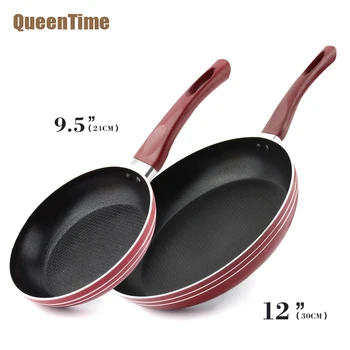 

QueenTime 2pcs Red Cooking Skillets Coating Non-Stick Frying Pan Round Shape Aluminum Fry Egg Pan Induction Gas USe Kitchen Tool