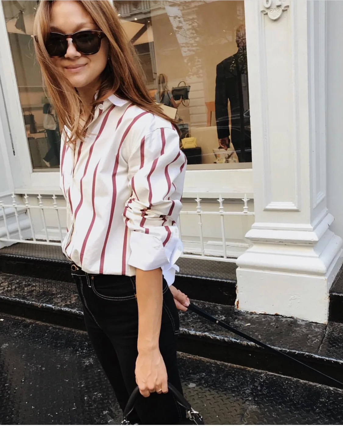 

Nordic Neckline Embroidery Logo Red White Stripe Loose Cotton Shirt Sleeves Blouse Style Button-Down Shirt