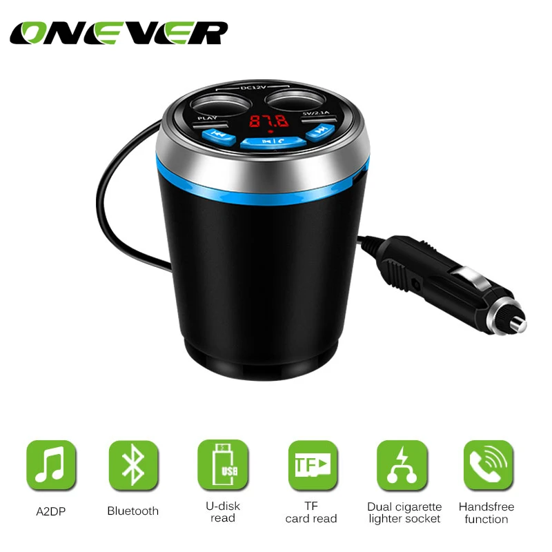 

Onever Bluetooth FM Transmitter Car Music MP3 Player Hands Free Car Kit Cup Holder Cigarette Lighter USB Power Adapter Splitter