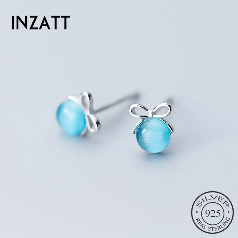 

INZATT Geometric Round Blue Crystal Hollow Bowknot Stud Earrings Real 925 Sterling Silver Fashion Jewelry For Women Accessories