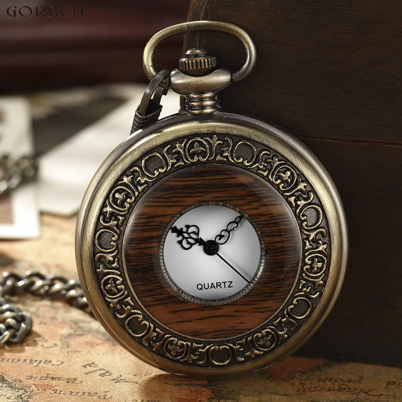 Wooden Men Pocket Watches Antique Retro Vintage Pocket Quart Watch FOB