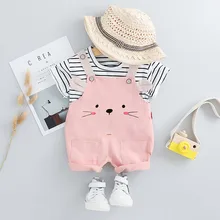 Коллекция года, брендовая летняя одежда для новорожденных комплекты одежды для маленьких девочек топы в полоску, футболка, комбинезон с рисунком медведя, штаны, костюмы, K20 K20