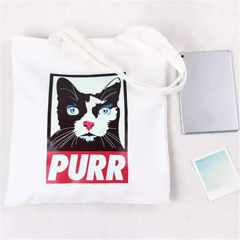 

Cute Cat Pattern Women Canvas Shopping Bags Eco Reusable Wave Ladies Bags Women Beach Bags Vintage Band Bags