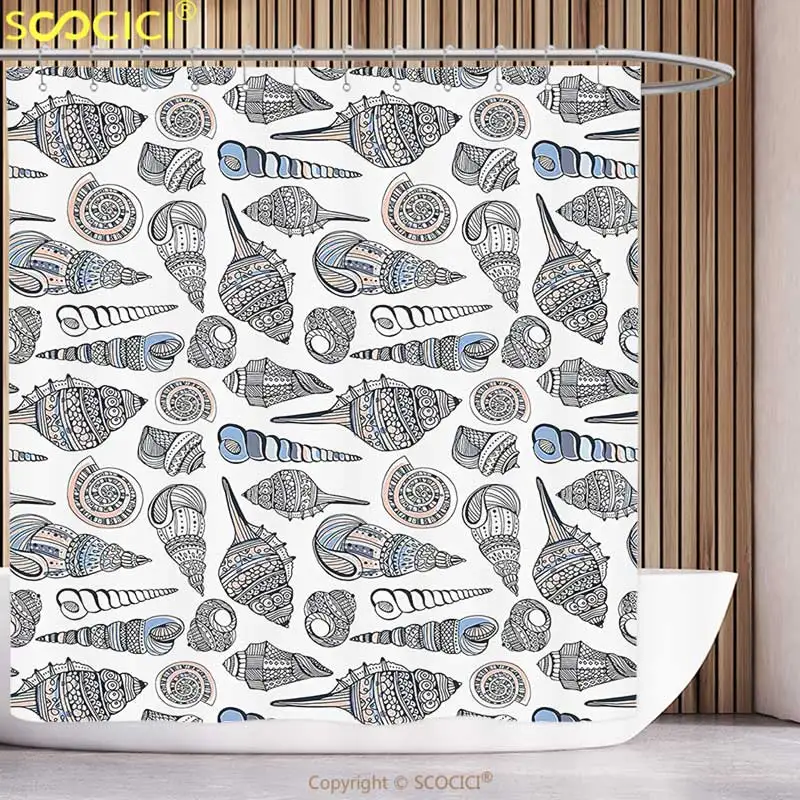 

Stylish Shower Curtain Ocean Embellished Sea Objects Seashell Mollusk with Ethnic Scallop Pearl Design Dark Light Blue Coral