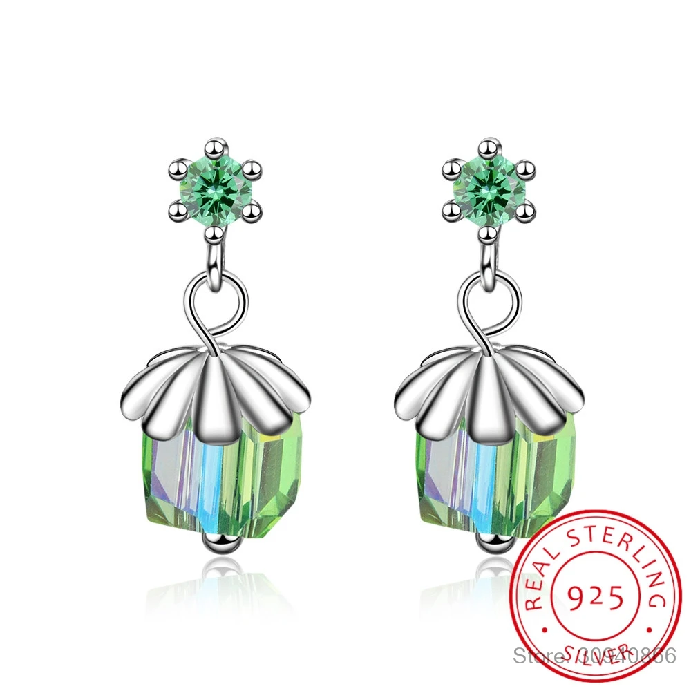 

LEKANI 925 Sterling Sliver Women Earrings Crystal Fine Jewelry Flower Cube Stud Earrings Girl Brincos