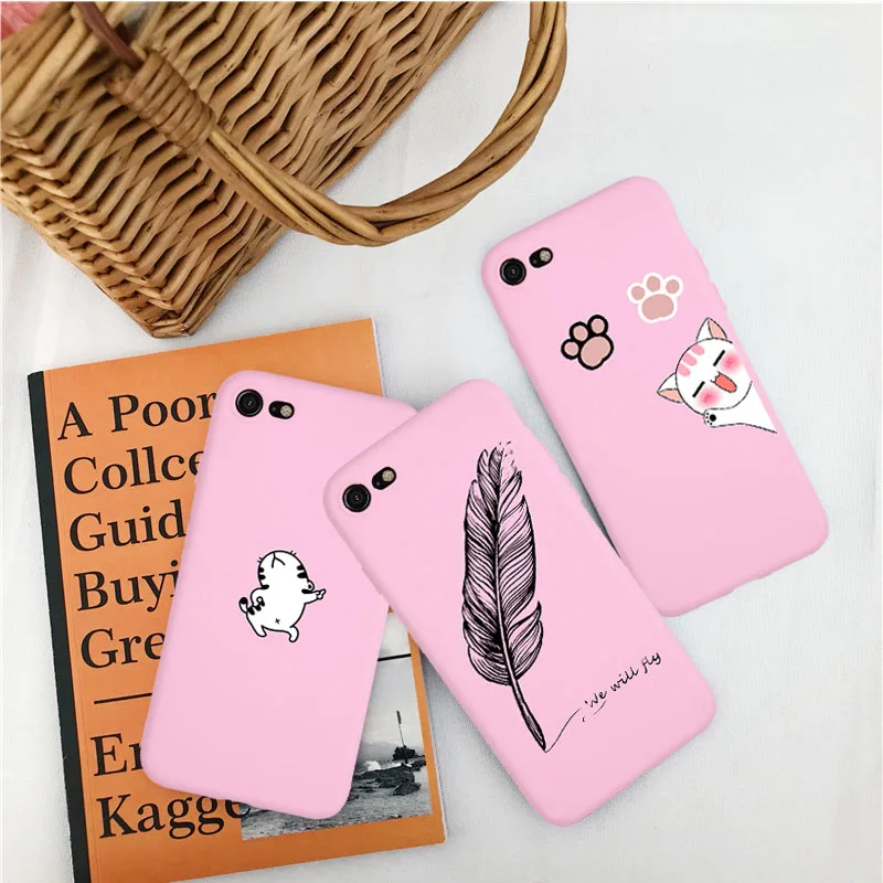 

Pink Cute Cat Phone Case For iPhone X XR XS MAX Cases For iphone 8 7 6 Plus 5 SE Yellow Feather Pen Soft Silicone Back Cover