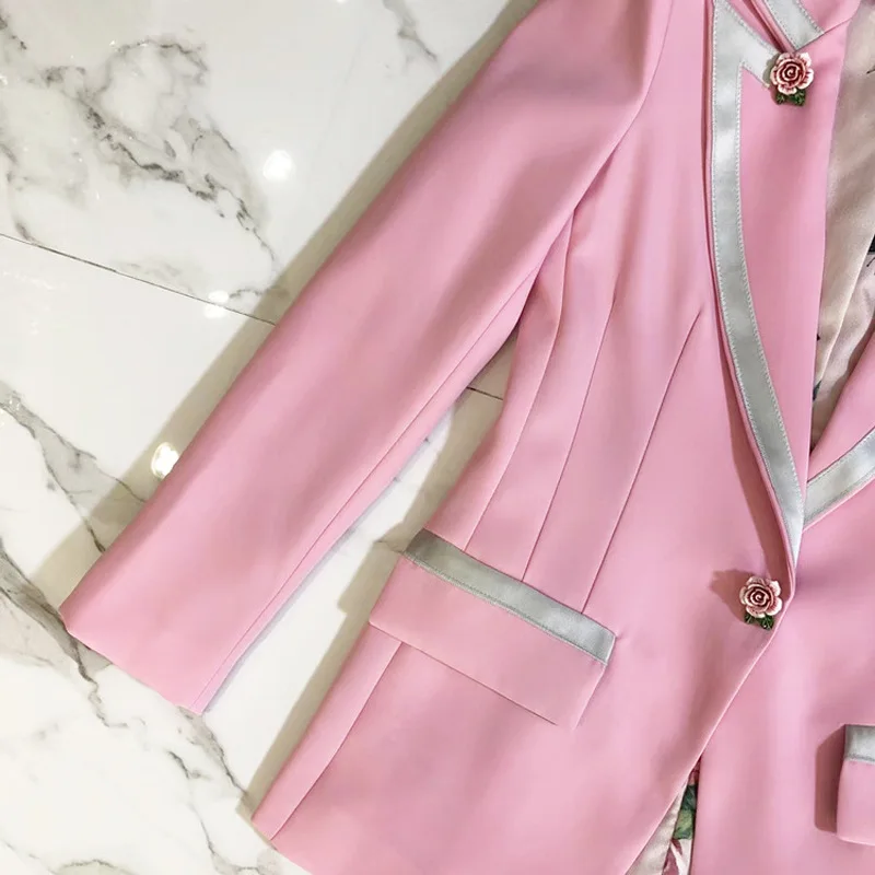Мода, Весенняя дизайнерская розовая куртка для подиума, Женская куртка с длинным рукавом, Цветочная подкладка, розовые пуговицы, верхняя одежда, пальто, куртка, одежда