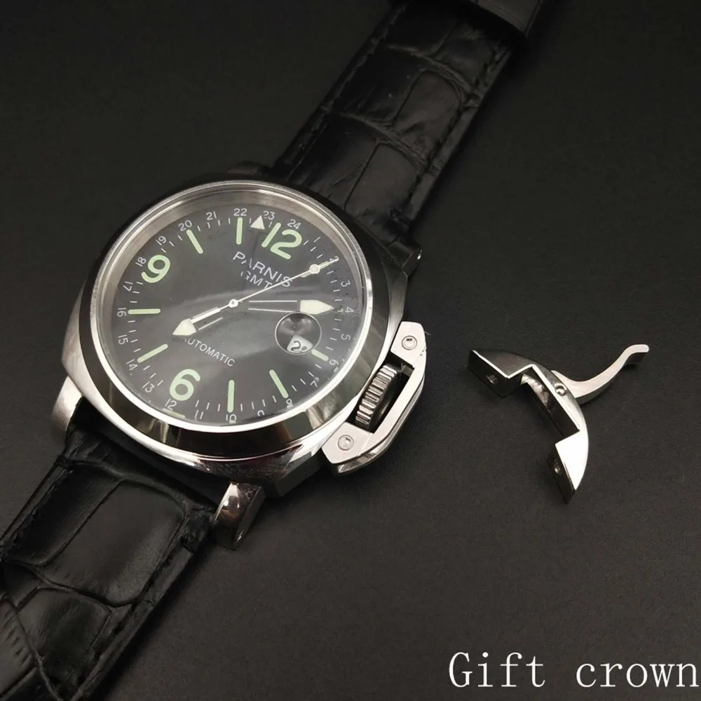 GMT parnis наручные часы с черным циферблатом автоматические часы 44 мм полированный чехол с кожаным ремешком 00001