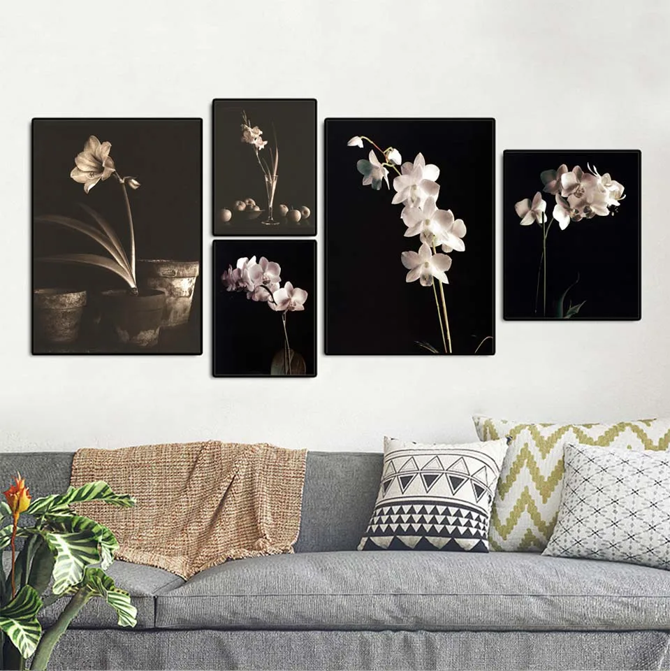 Home-Decoration-Wall-Art-Poster-Nordic-Print-Canvas-Paintings-Picture-Black-background-white-and-gold-flowers