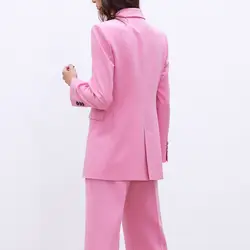 2019 женский шикарный розовый блейзер с карманами двубортный длинный рукав офисная одежда пальто на пуговицах Женская Повседневная Верхняя