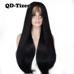 QD-Tizer Длинные Яки Волосы черный цвет термостойкие синтетические волосы на кружеве парики с волосами младенца волосы Light Yaki парики для женщин