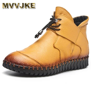 

MVVJKE New Women Genuine Leather Boots Handmade Flat Booties Soft Cowhide Women's Shoes Lace-Up Ankle Boots Female Winter