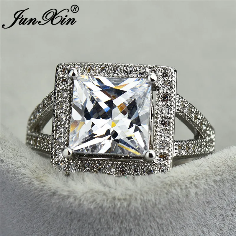 JUNXIN Female Austrian Crystal Princess Cut Stone Wedding Rings For Women 925 Silver Filled Big White Zircon Engagement Jewelry